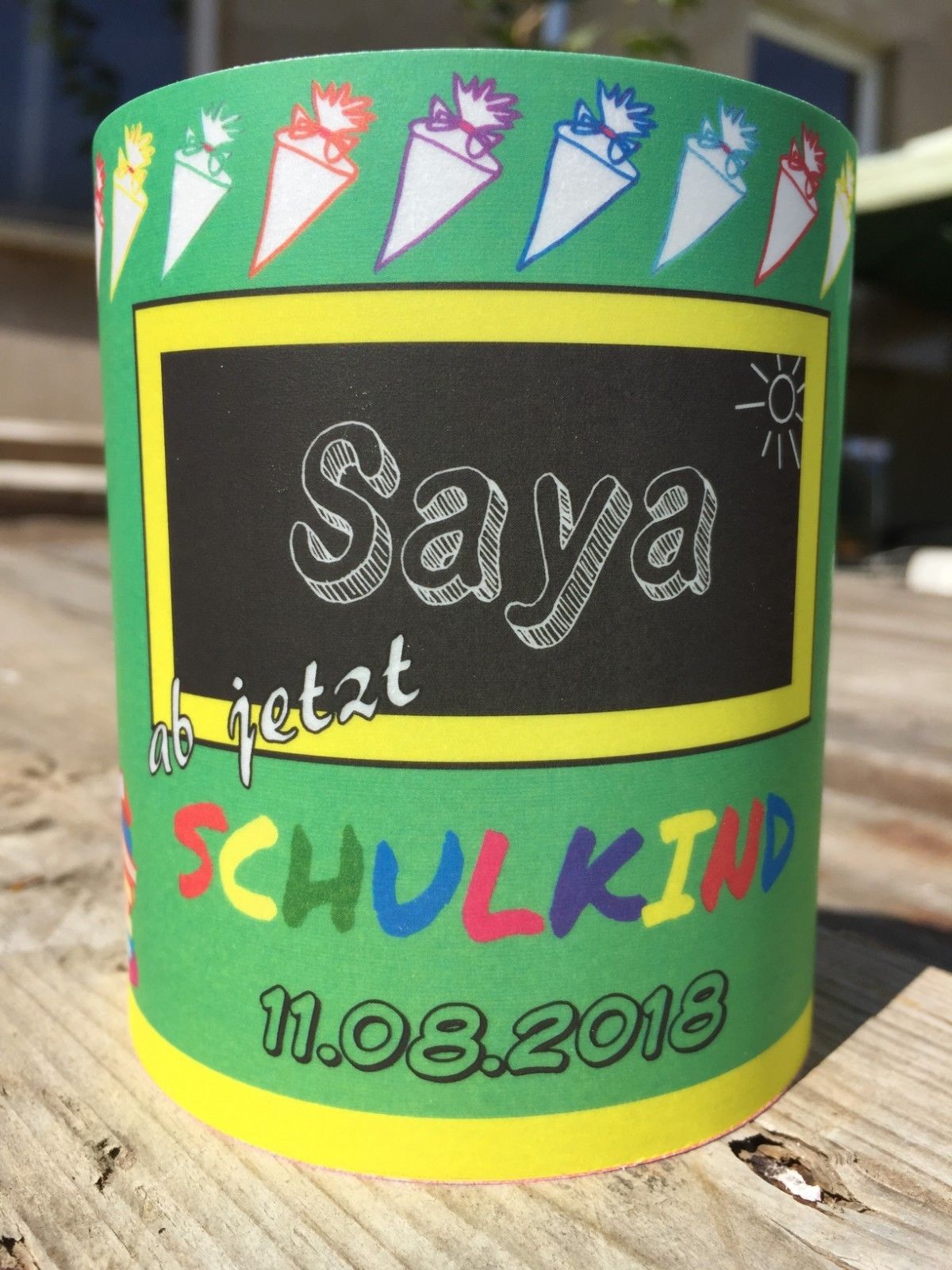 Datum 4 x Tischlicht Schuleingang Tischdeko Windlicht Einschulung Grün mit Name